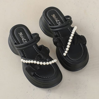 Platform Cross Strap Faux Pearl Accent Ruched Sandals