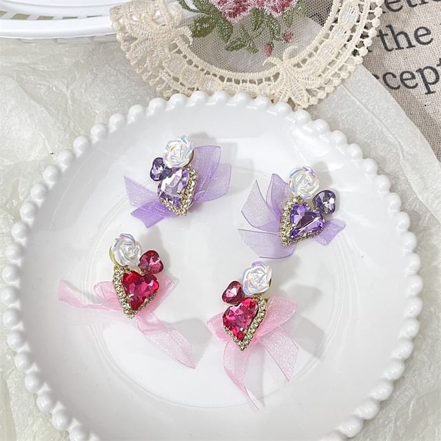 Rhinestone Heart-Shaped Earrings With Organza Bow