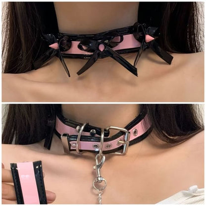 Punk Style Faux Leather Choker Necklace With Bow And Chain Leash