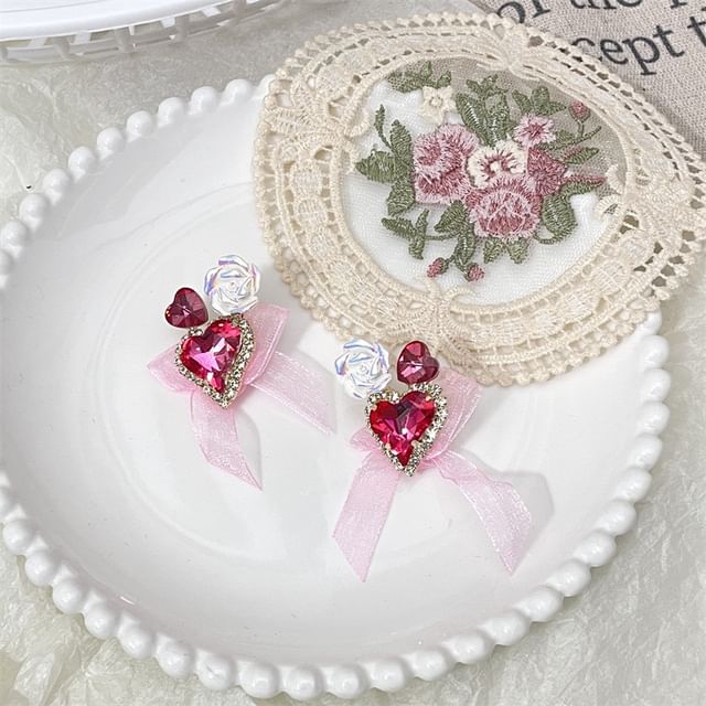 Rhinestone Heart-Shaped Earrings With Organza Bow