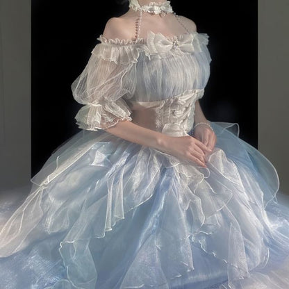 Robe mi-longue transparente unie à manches courtes et épaules dénudées Lolita + ceinture à la taille + tour de cou