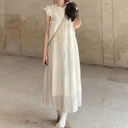 Cap-Sleeve Sheer Plain Midi A-Line Dress