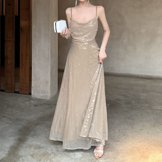 Sequin Spaghetti Strap A-Line Maxi Dress