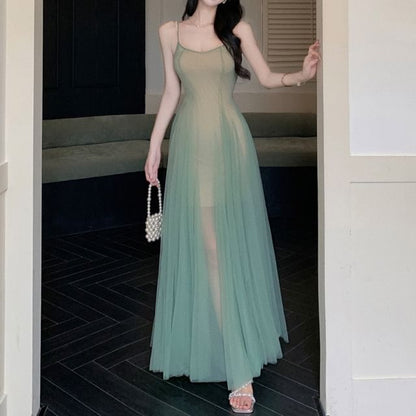Spaghetti Strap Scoop Neck Sheer A-Line Maxi Dress