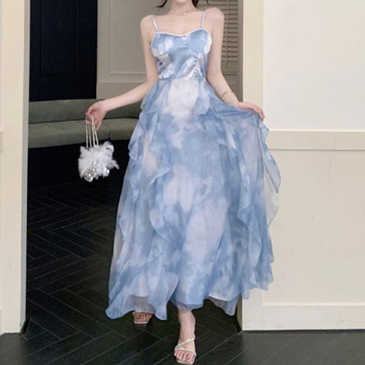 Spaghetti Strap Tie Dye Ruffle Hem Chiffon Maxi Sun Dress