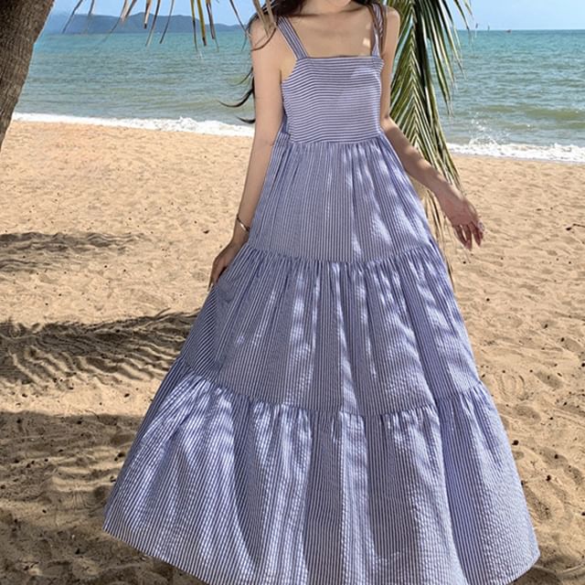 Spaghetti Strap Square Neck Striped Ruffle Maxi Sun Dress