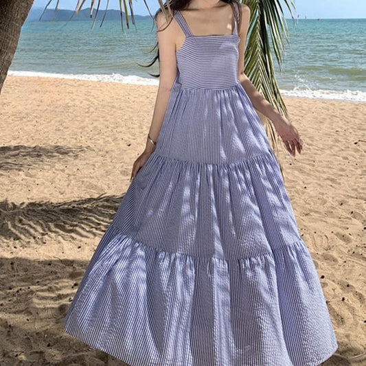Spaghetti Strap Square Neck Striped Ruffle Maxi Sun Dress