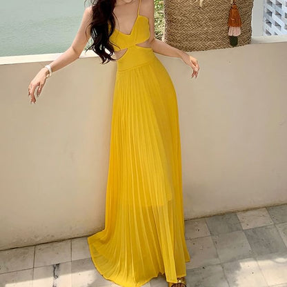 Spaghetti Strap V-Neck Cutout Pleated Chiffon Maxi Dress