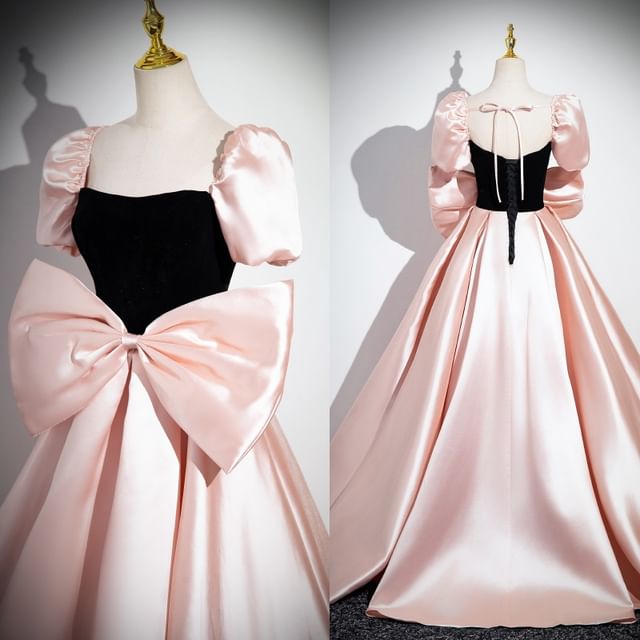 Short-Sleeve Square Neck Two Tone Bow Panel Satin A-Line Evening Gown