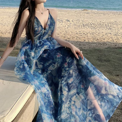 Spaghetti Strap V-Neck Tie Dye Print Maxi A-Line Dress