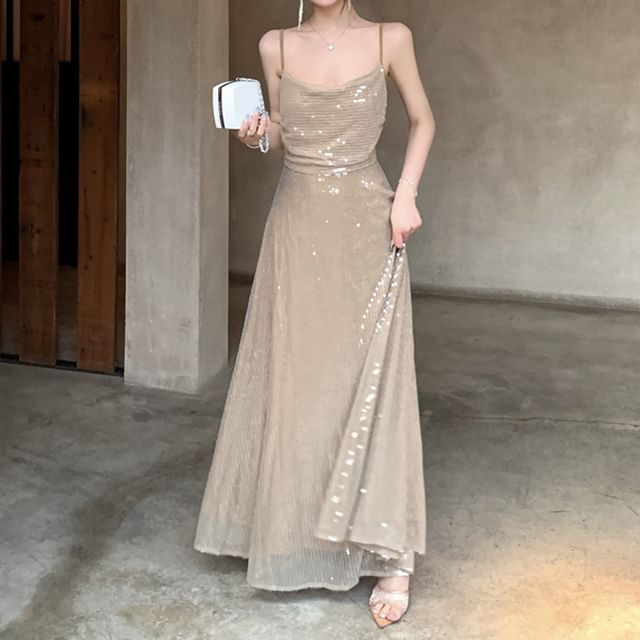 Sequin Spaghetti Strap A-Line Maxi Dress