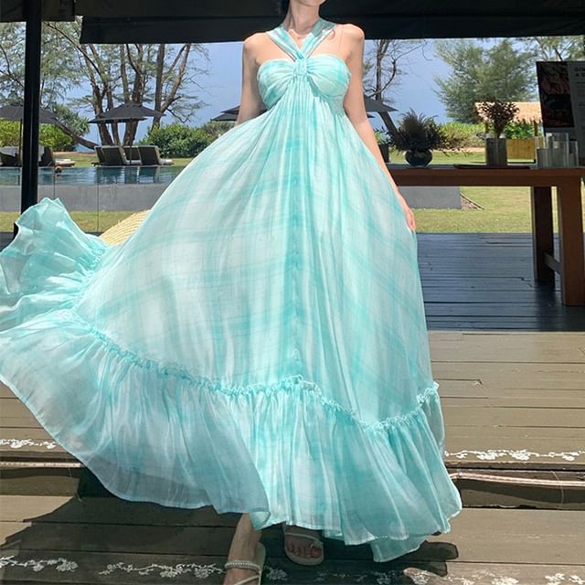 Tie Dye Halter Neck Ruffle Hem Maxi A-Line Dress