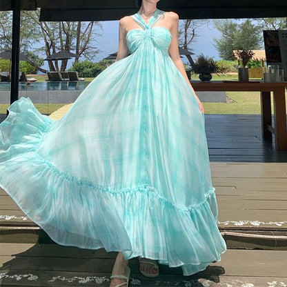 Tie Dye Halter Neck Ruffle Hem Maxi A-Line Dress