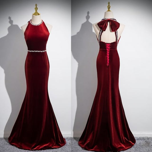 Neck Velvet Evening Rhinestone Back Sleeveless Bow Plain Gown Round Mermaid Cutout