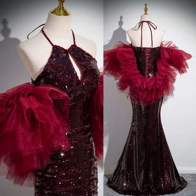 Mermaid Sequin Gown Evening Halter Panel Mesh