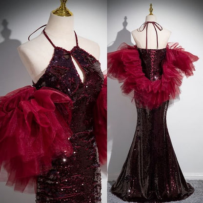 Mermaid Sequin Gown Evening Halter Panel Mesh