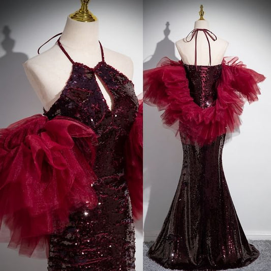 Mermaid Sequin Gown Evening Halter Panel Mesh