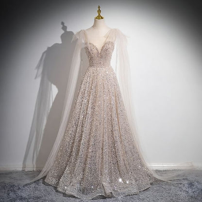 Neck Evening Bow Gown Round Mesh Sleeveless Sequin A-Line