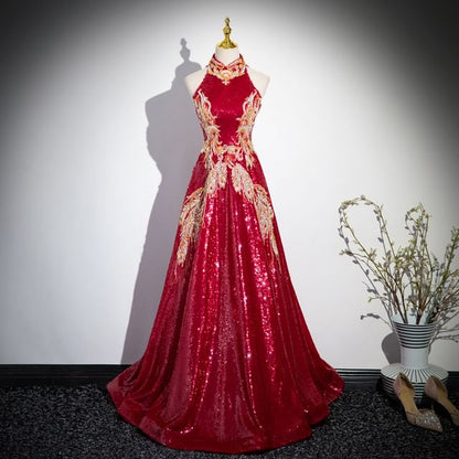 Cutout Embroidered Sleeveless Collar Gown Sequin Stand Patterned Back Evening A-Line