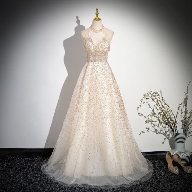 Sleeveless Mock Neck Beaded Glitter Mesh A-Line Evening Gown