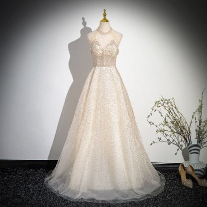 Sleeveless Mock Neck Beaded Glitter Mesh A-Line Evening Gown