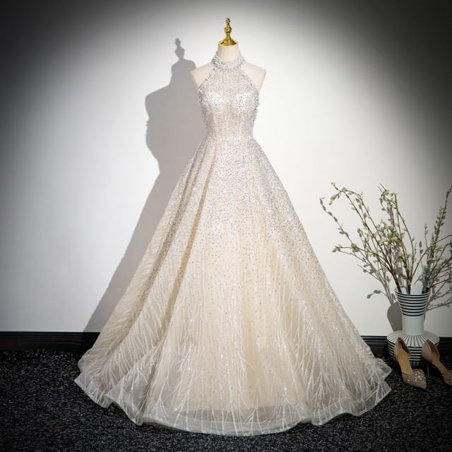 Sleeveless Mock Neck Beaded Glitter Mesh A-Line Evening Gown