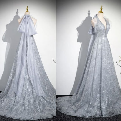 Plain Gown Halter A-Line Evening Mesh Sequin