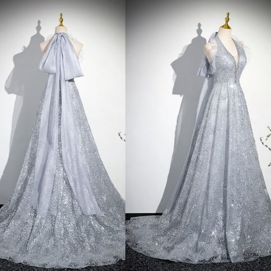 Plain Gown Halter A-Line Evening Mesh Sequin