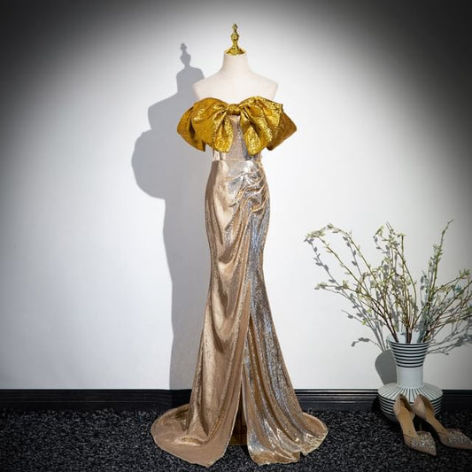 Gown Sequin Tube Trumpet Evening Bow Slit