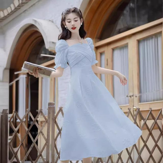 Short-Sleeve Square Neck Plain Midi A-Line Dress