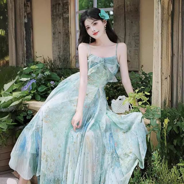 Spaghetti Strap Print Midi A-Line Dress / Plain Cardigan / Set