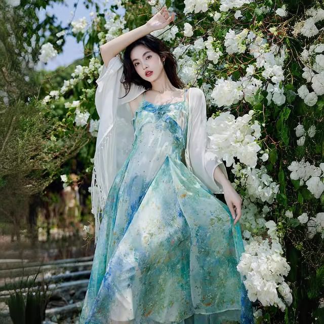 Plain Light Cardigan / Spaghetti Strap Floral Print Midi A-Line Dress / Set