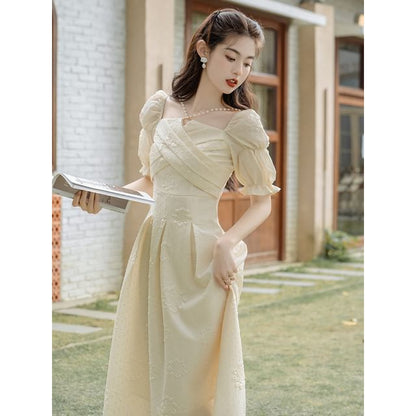 Short-Sleeve Square Neck Plain Midi A-Line Dress