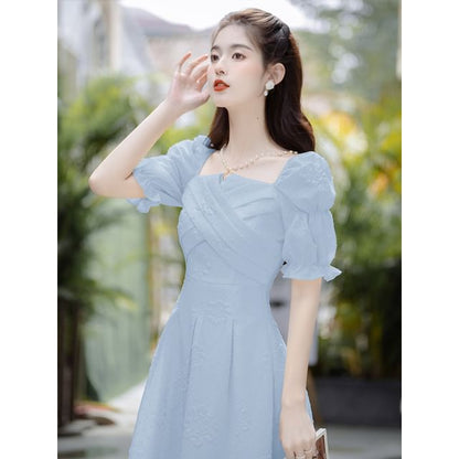 Short-Sleeve Square Neck Plain Midi A-Line Dress