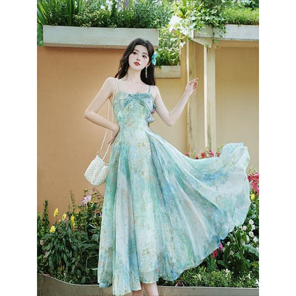 Spaghetti Strap Print Midi A-Line Dress / Plain Cardigan / Set