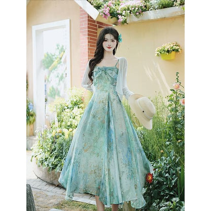 Spaghetti Strap Print Midi A-Line Dress / Plain Cardigan / Set