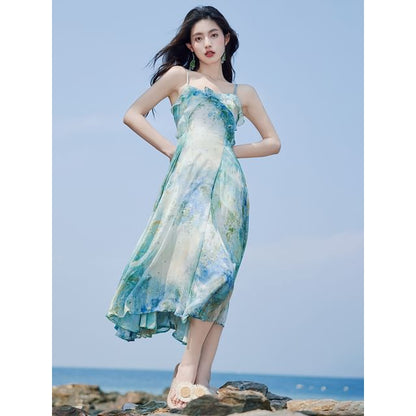 Plain Light Cardigan / Spaghetti Strap Floral Print Midi A-Line Dress / Set