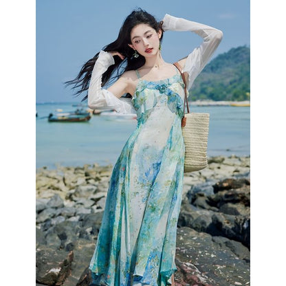 Plain Light Cardigan / Spaghetti Strap Floral Print Midi A-Line Dress / Set