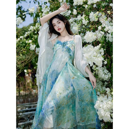 Plain Light Cardigan / Spaghetti Strap Floral Print Midi A-Line Dress / Set