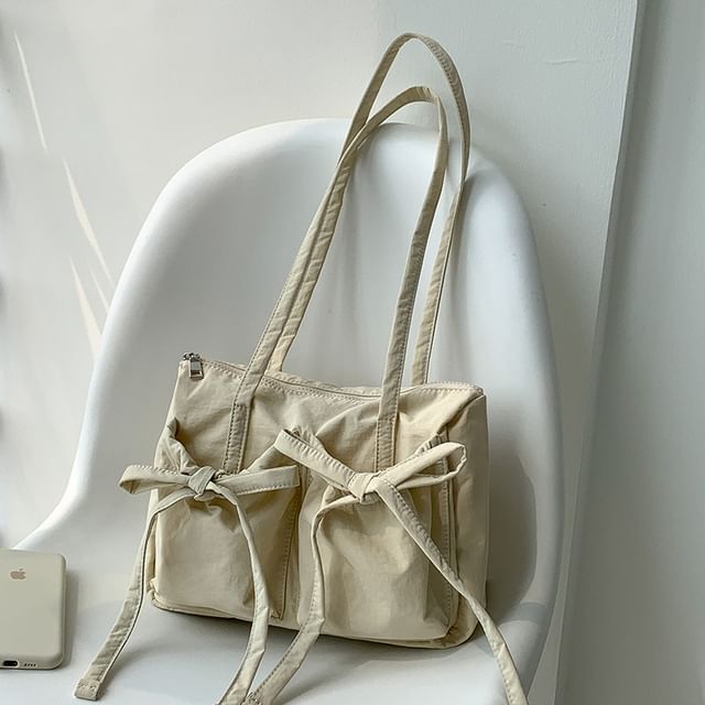 Plain Bow Accent Nylon Tote Bag