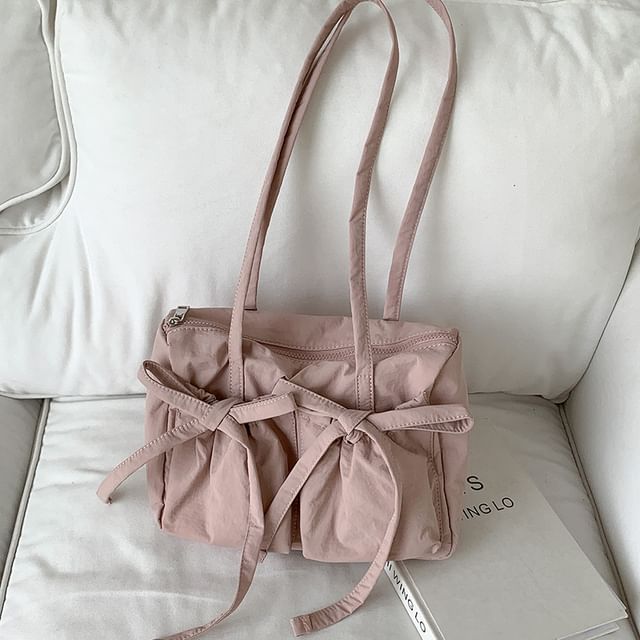 Plain Bow Accent Nylon Tote Bag