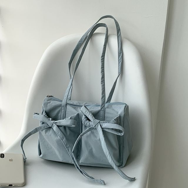 Plain Bow Accent Nylon Tote Bag