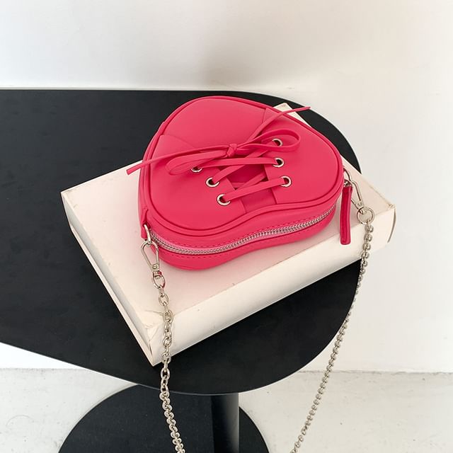 Chain Strap Heart Shaped Lace-Up Faux Leather Crossbody Bag