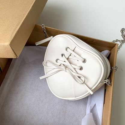 Chain Strap Heart Shaped Lace-Up Faux Leather Crossbody Bag