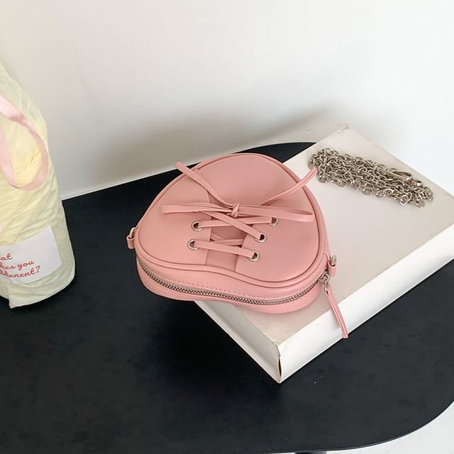 Chain Strap Heart Shaped Lace-Up Faux Leather Crossbody Bag