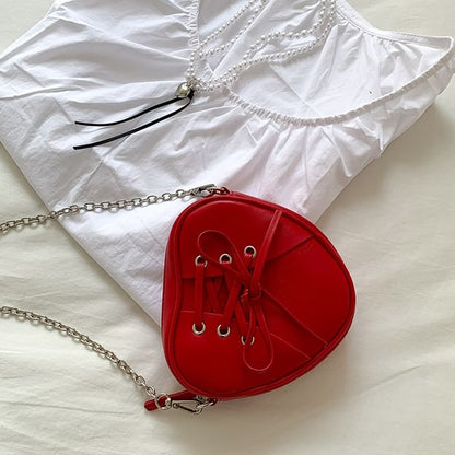 Chain Strap Heart Shaped Lace-Up Faux Leather Crossbody Bag