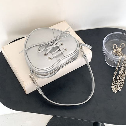 Chain Strap Heart Shaped Lace-Up Faux Leather Crossbody Bag