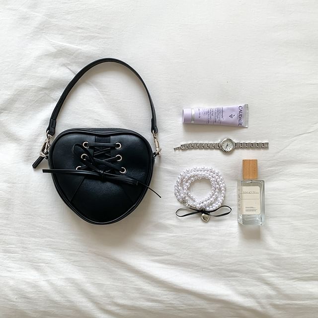 Chain Strap Heart Shaped Lace-Up Faux Leather Crossbody Bag