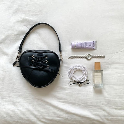 Chain Strap Heart Shaped Lace-Up Faux Leather Crossbody Bag