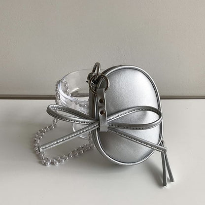 Set: Faux Pearl Strap Plain Faux Leather Crossbody Bag + Bag Charm